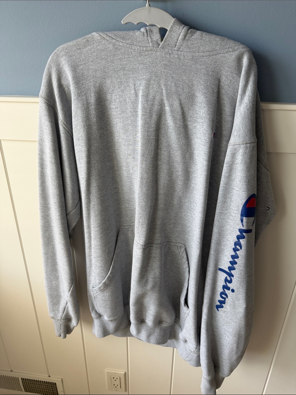 Champion Light Gray Hoodie with Blue & Red Sleeve Logo